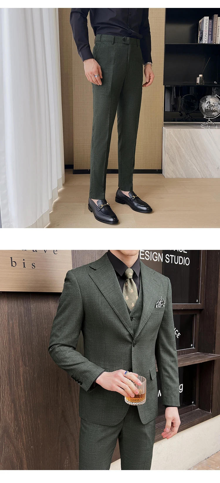 Description Picture 6 of item( Jacket + Vest + Pants ) New Luxury Men High-end Suit Formal Groom Wedding Set Men Work Party Slim Fit Suit 3 Piece