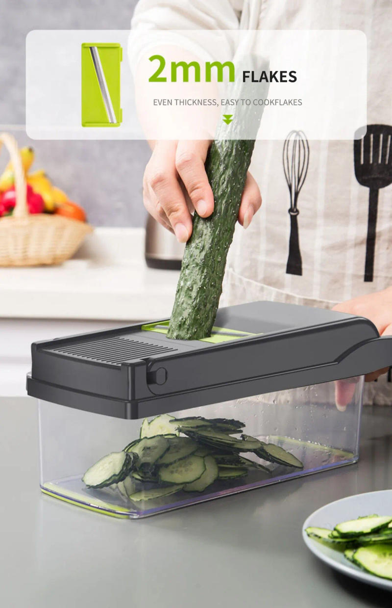 Description Picture 6 of item1Pc Green Black 12 in 1 Multifunctional Vegetable Slicer Cutter Shredders Slicer With Basket Fruit Potato Chopper Carrot Grater