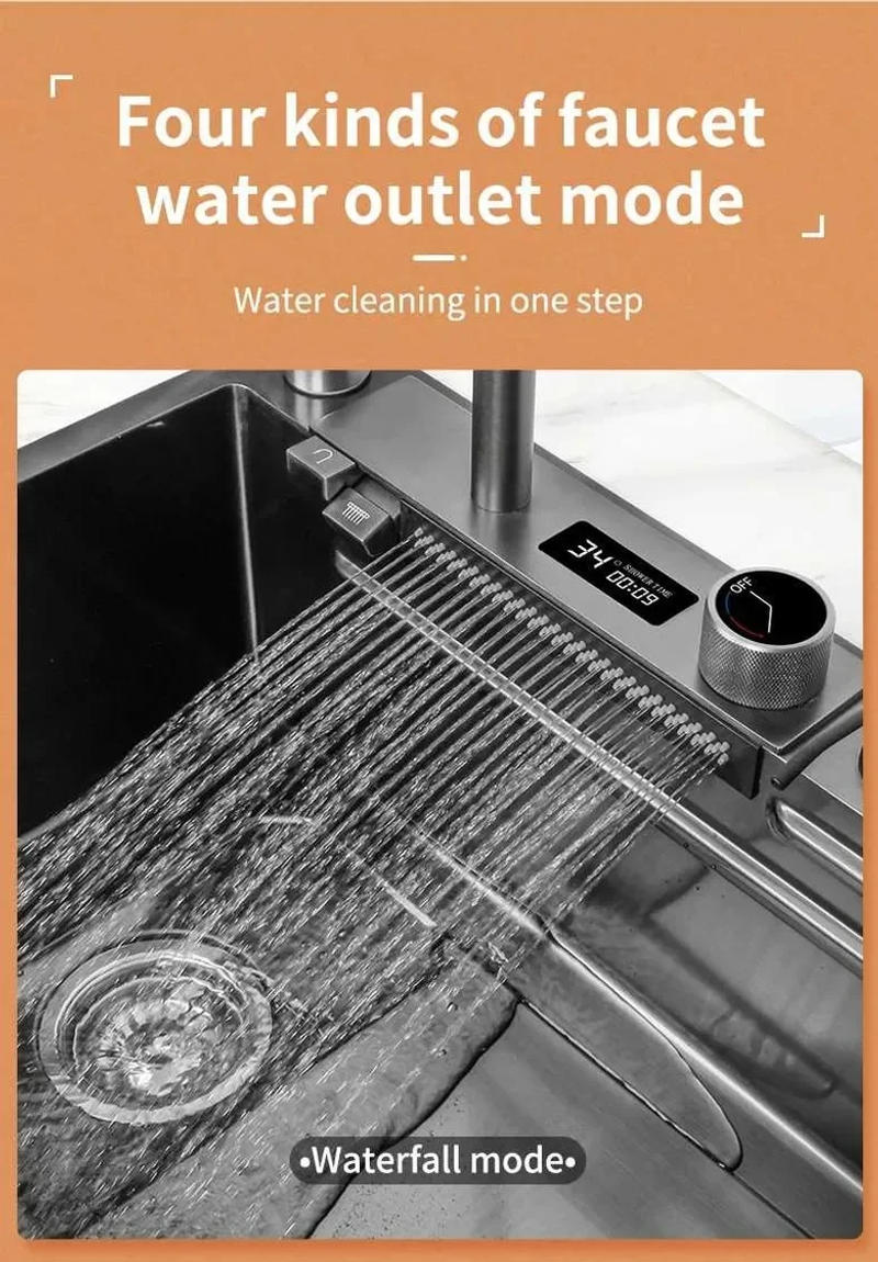 Description Picture 6 of item304 stainless steel kitchen waterfall sink digital display large single sink dish basin sink with multifunction touch waterfall