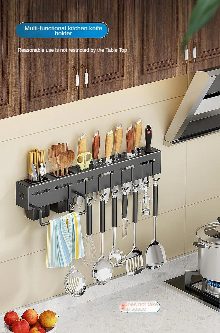 Description Picture 2 of itemStainless Steel Frame Wall Mounted Knife Holder Kitchen Nail Free Storage Rack Knife With Hook Kitchen Cabinet Storage Rack