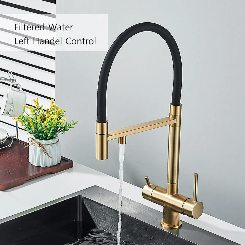 Description Picture 4 of itemPured Water Kitchen Faucet Dual Handle Deck Mount Brass Taps Filtered Water Mixer Tap 360 Rotate Pull Down Flexible Pipe Mixers