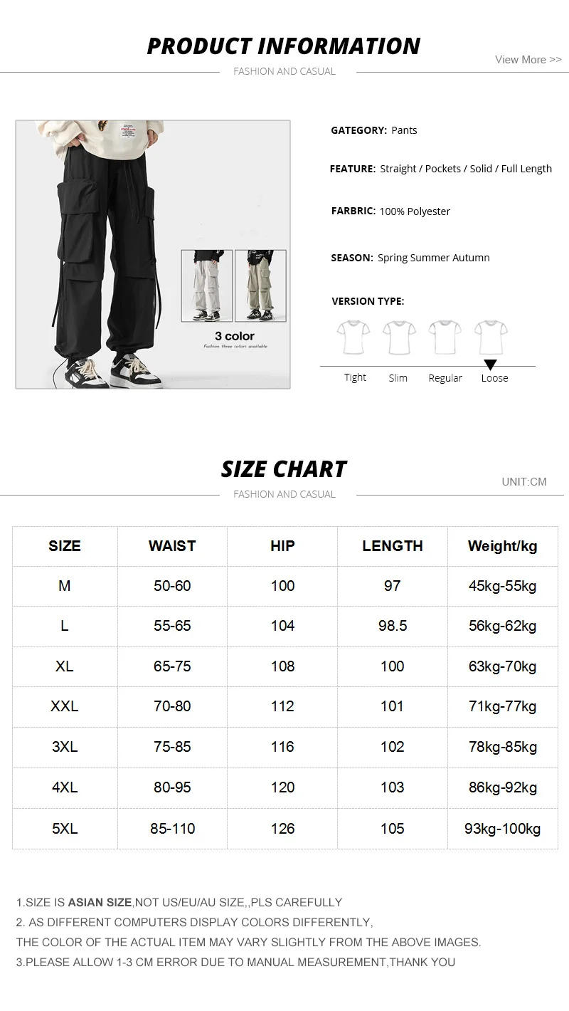 Description Picture 2 of itemMen's Loose Straight Multi-pockets Ribbons Cargo Pants Black Gray