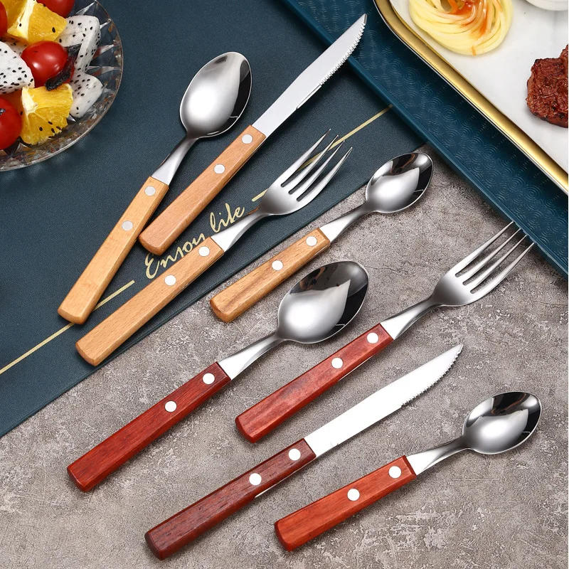 Description Picture 5 of itemWood Handle Dinnerware Set Stainless Steel Knife Fork Spoon Teaspoon with Rivet Flatware Cutlery Set Tableware Utensils for Kitc