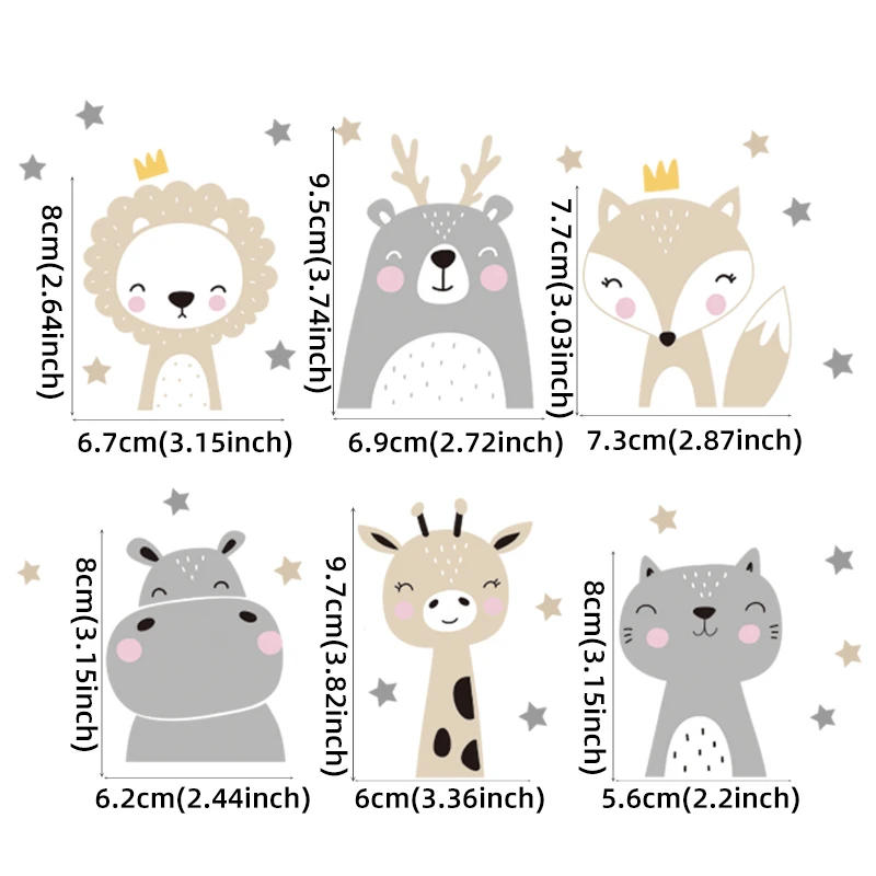 Description Picture 2 of item6pcs/set Boho Color Cute Smile Cartoon Animals Switch Stickers for Wall Kids Room Baby Nursery Room Wall Decals Stars Home Decor