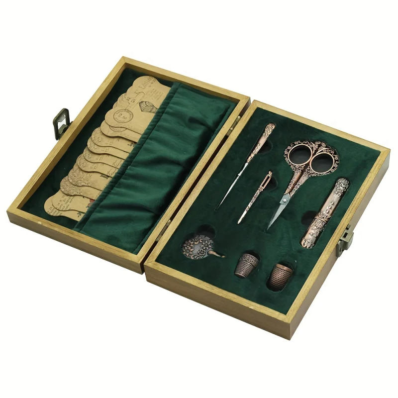 Description Picture 2 of itemVintage Wooden Box Embroidery Scissors Kit Diy Craft Supplies Tools Antique Sewing Kit omplete Sewing Tools For Sewing Craft
