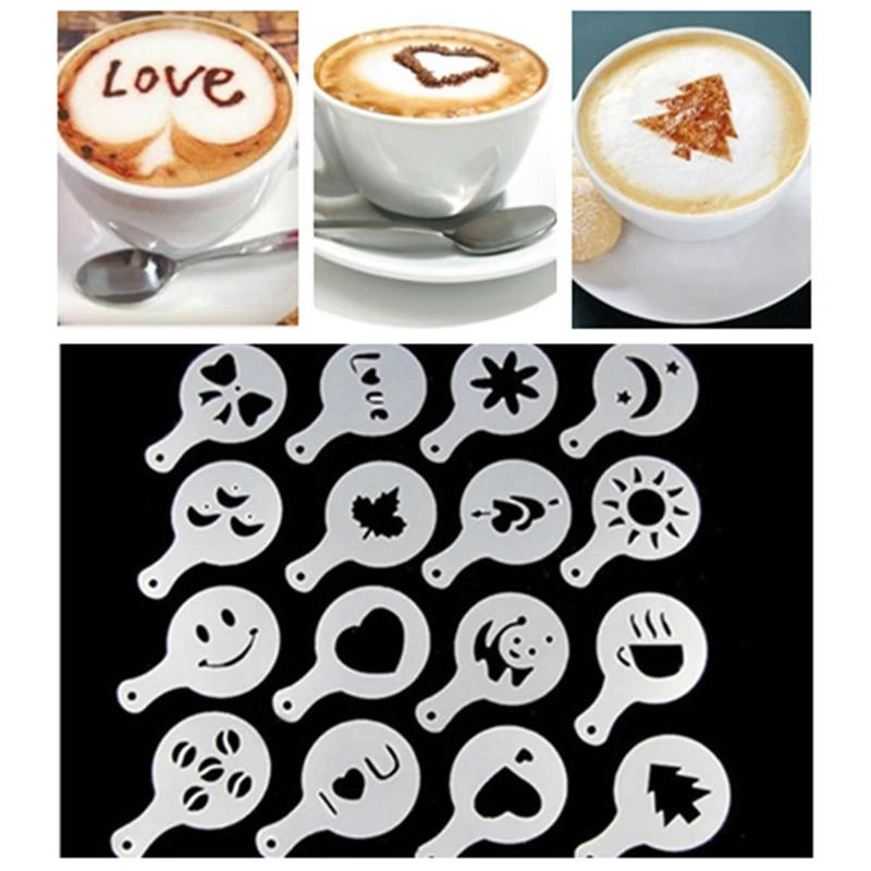 Description Picture 3 of item32 Pcs/set Fancy Coffee Printing Model Foam Spray Cake Stencils Coffee Drawing Cappuccino Mold Powdered Sugar Sieve Tools