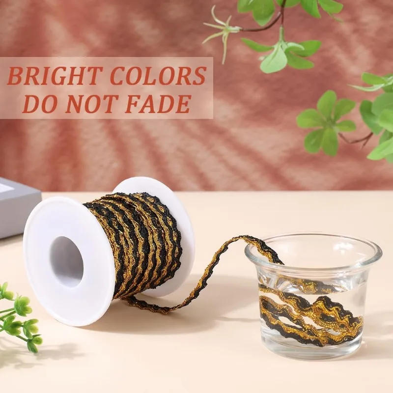 Description Picture 3 of item16.4Yds x 5mm Black Gold Wave Bending Fringe Trim Metallic Sparkle Rick Rack Trim Braid Wavy Edge Lace Woven Webbing Zig Zag