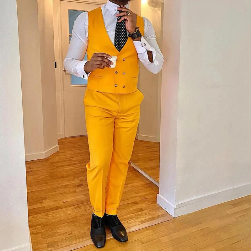 Description Picture 4 of itemBlue Jacket Yellow Vest Pants Fashion Men Suit Casual Slim Fit Blazers Hombre Prom Party High Quality Custom 3 Piece Set Costume