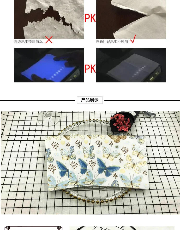 Description Picture 3 of itemDisposable Colorful Printed Napkins Butterfly Design Hotel Cafe Party Wedding Square Paper Napkin Placemats Food Grade Napkin