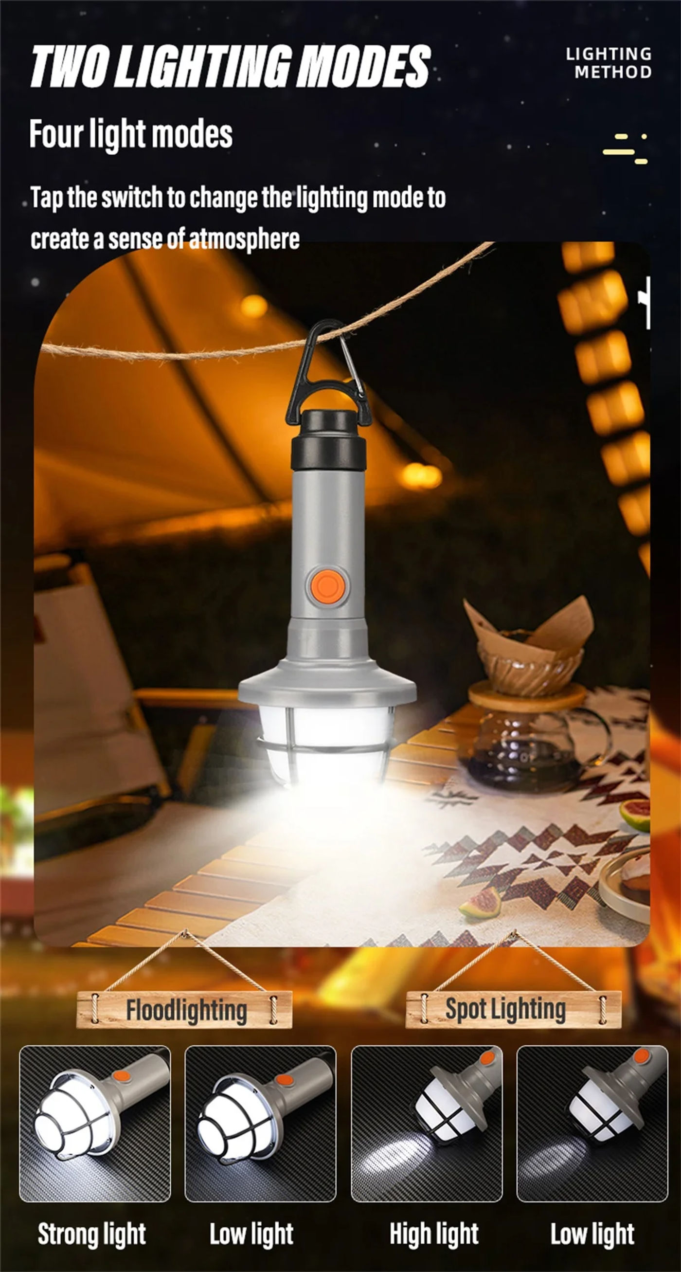 Description Picture 6 of itemSuper Bright XPE+LED Flashlight Portable Work Light Outdoor Searchlight Camping Light With Portable Hook(Dual Light Wick)