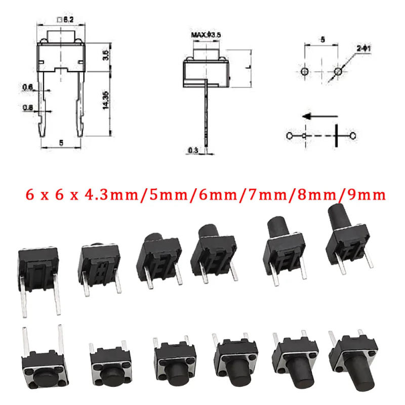 Description Picture 5 of item20/50/100Pcs Micro Tactile Switch Momentary Tact DIP Switch 2Pin 6 x 6mm Micro Touch Push Button Switch High 5mm 6mm 7mm 8mm 9mm