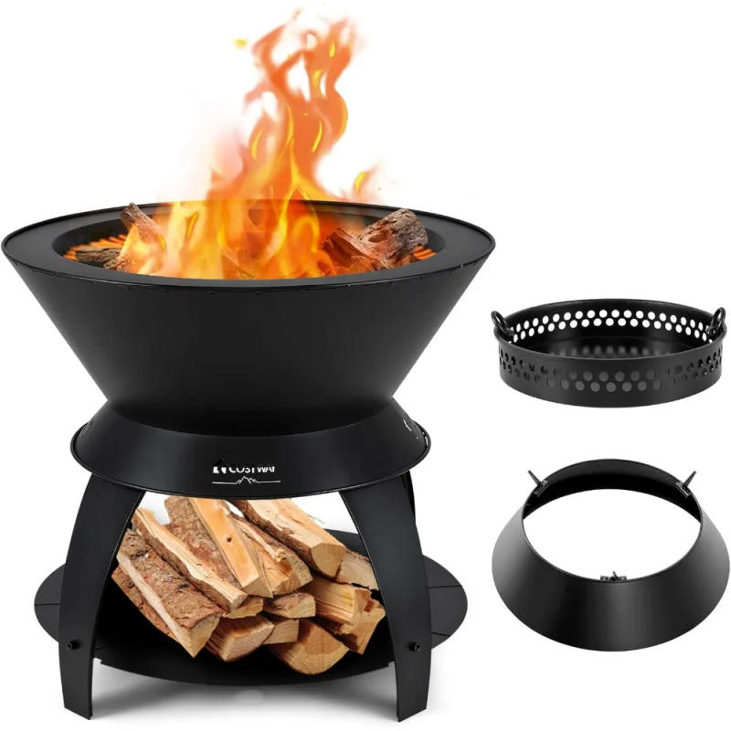 Description Picture 3 of item3-in-1 Smokeless Fire Pit, 20" Wood Burning Firepit w/Removable Wok Ring & Ash Pan, Heavy-Duty Fire Stove w/Second Burn,
