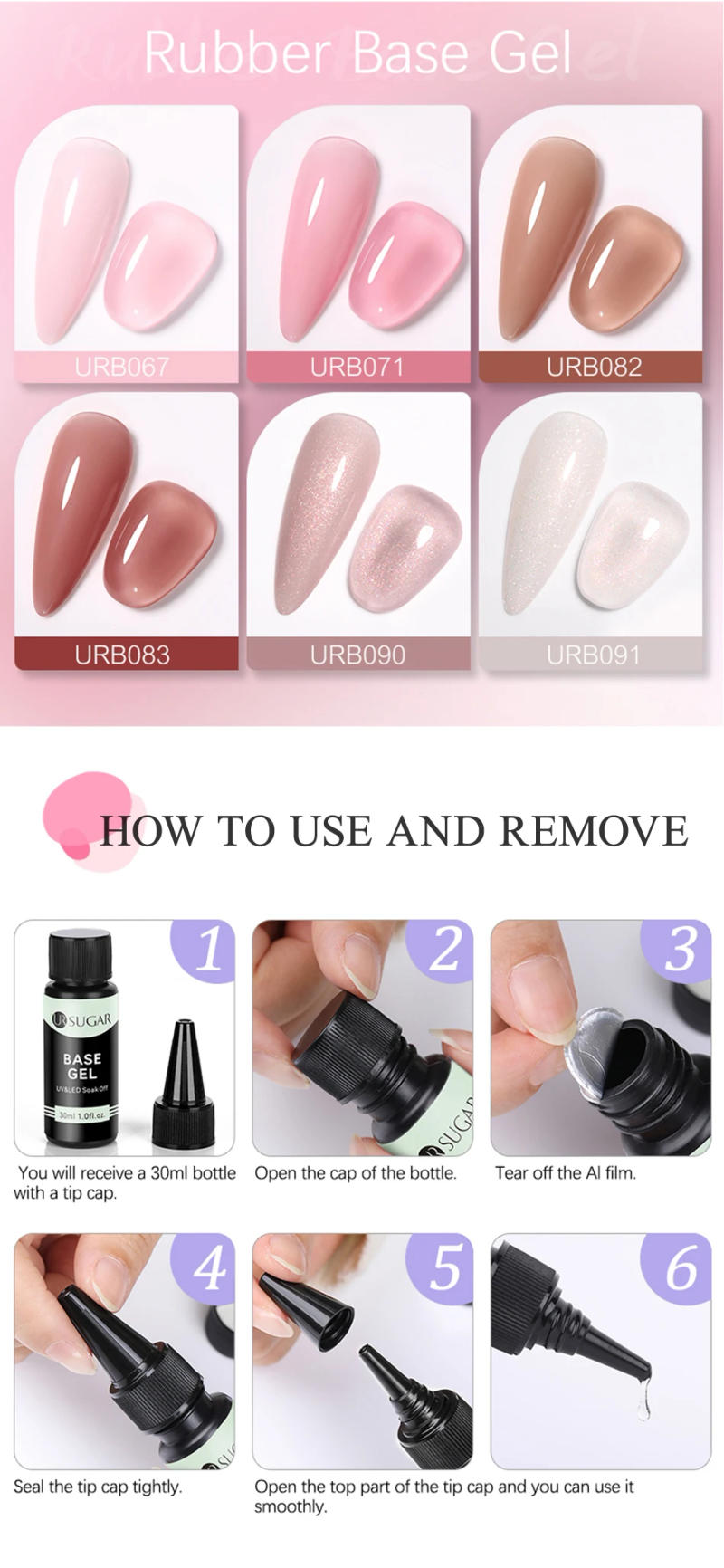 Description Picture 6 of itemUR SUGAR 30ml Refilled Rubber Base Gel Big Capacity Crystal Nude Pink Clear Soak Off UV LED Nail Art Varnish Constructed Gel