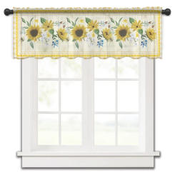 Pastoral Sunflower Plaid Short Tulle Window Curtains Sheer Voile Curtain Kitchen Cabinet Valance Bedroom Home Decor Small Drapes
