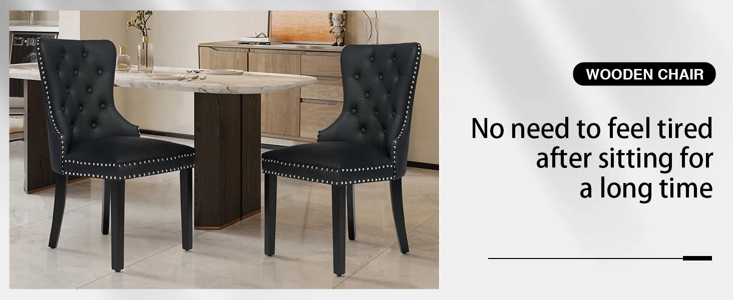 Description Picture 6 of itemLeather Dining Chairs Set of 2, Tufted Upholstered Dining Room Chair with Pull Ring and Solid Wood Legs, Black