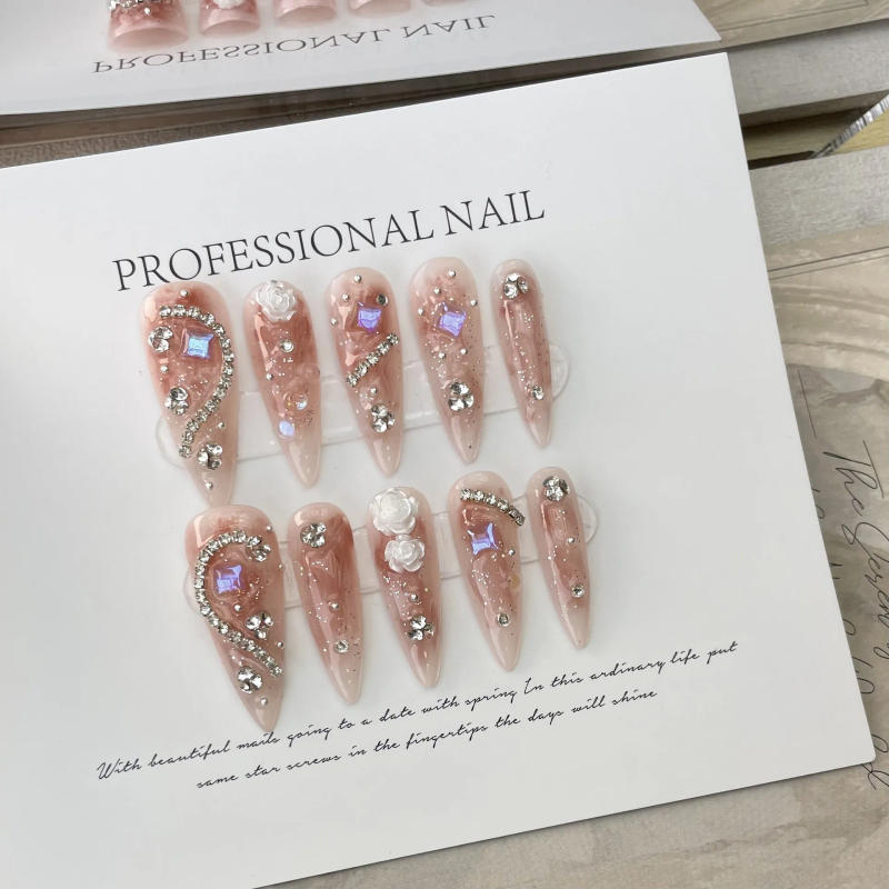 Description Picture 3 of item10Pcs Handmade Nails Set Press on Long Almond False Nail with Rhinestone Pink Camellia Design Reusable Full Cover Fake Nail Tips