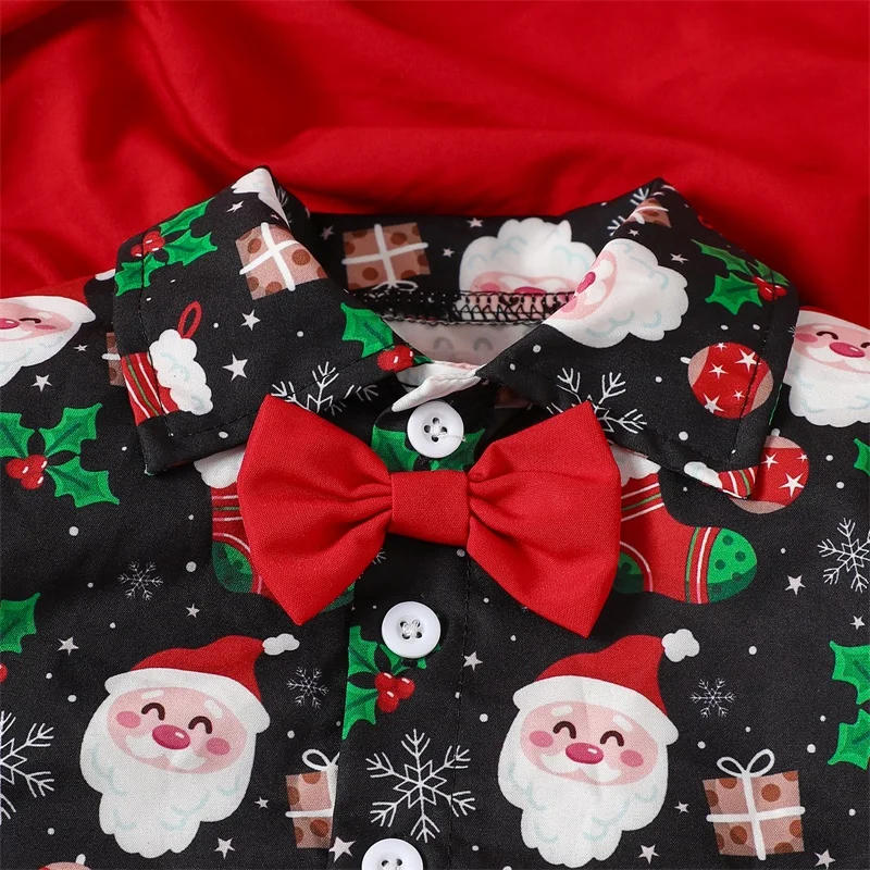 Description Picture 4 of itemBoys Christmas Pants Sets Long Sleeve Lapel Santa Claus Print Shirt Solid Color Pants Sets