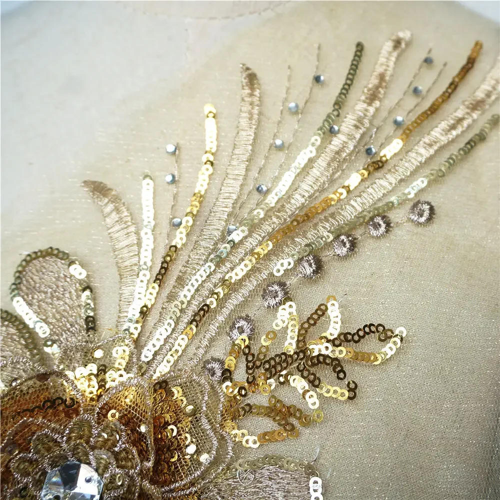 Description Picture 4 of itemGold Silver Sequined 3D Flower Tassel Appliques Embroidered Lace Mesh Rhinestone Sew On Patches For Wedding Dress DIY Decoration
