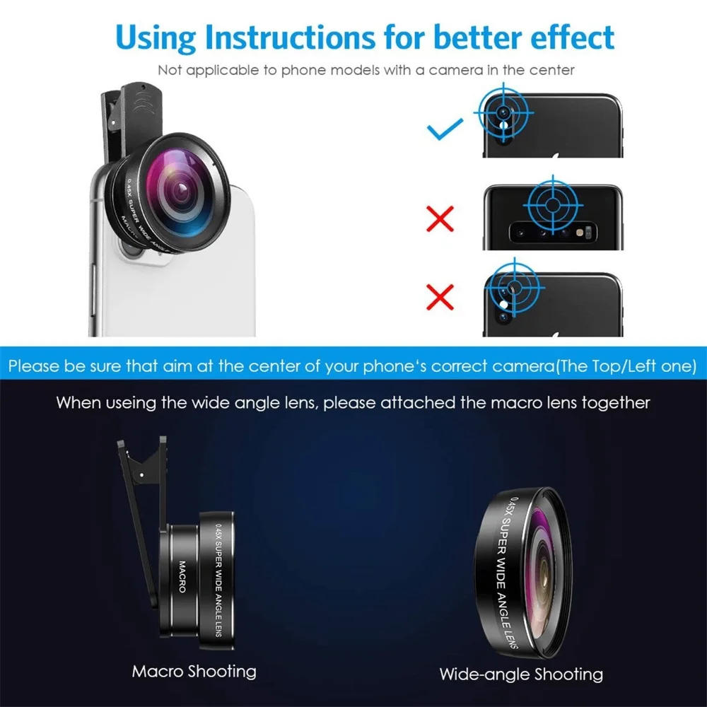 Description Picture 6 of item2 In 1 Professional Mobile Phone Camera Lenses Magnifiers Clip-on Fish Eye 15X Macro 0.45X Super Wide Angle Lens
