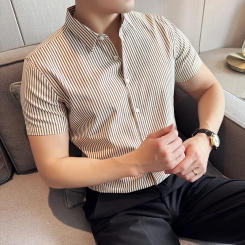 Plus Size 4XL-M Summer Striped Social Shirt Men's Thin Short Sleeved Slim Fit Casual Business Elastic Shirts Men Clothing