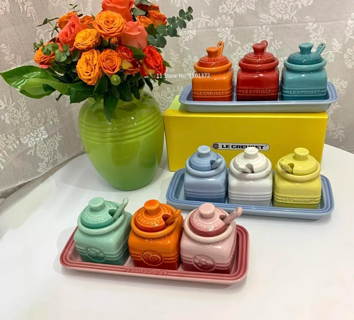 Description Picture 2 of itemEuropean Style Kitchen Spice Organizer Creative Ceramic Spice Jar with Spoon Gift Box Set Jam Storage Jar with Lid   Spice Rack