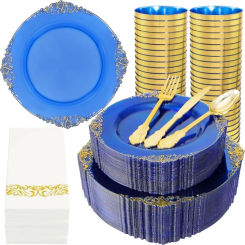350PCS Blue Plastic Plates - Blue Plastic Dinnerware Sets for 50 Guests - 100 Blue Disposable Party Plates