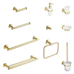 Brushed Gold Brass Knurled Round Kit Toilet Brush Towel Bar Ring Robe Hook Paper Holder Towel Ring Cup Holder Soap Dish Set