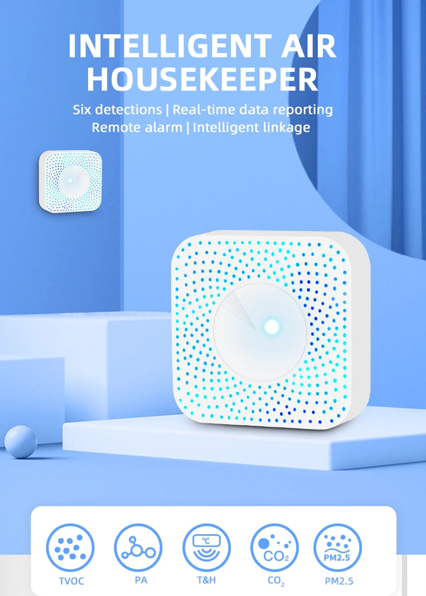 Description Picture 2 of itemTuya ZigBee Smart Air Housekeeper PM2.5 Formaldehyde VOC CO2 Temperature Humidity 6 In 1 Smart Air Box Sensor Automation Alarm