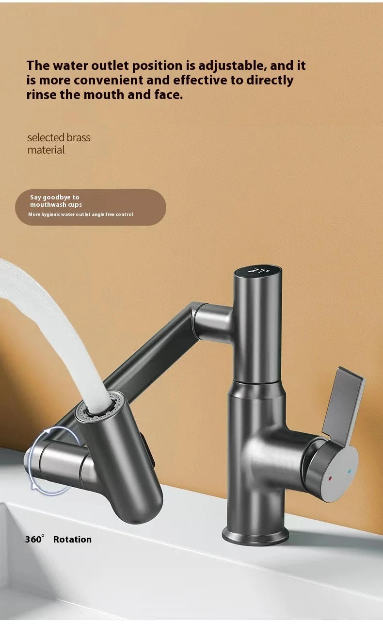 Description Picture 6 of itemRotatable Brass Bathroom Faucet Temperature Display 3 Water Modes Luxury Sink Hot and Cold Water Tap Sink Bath Mixer Accessories