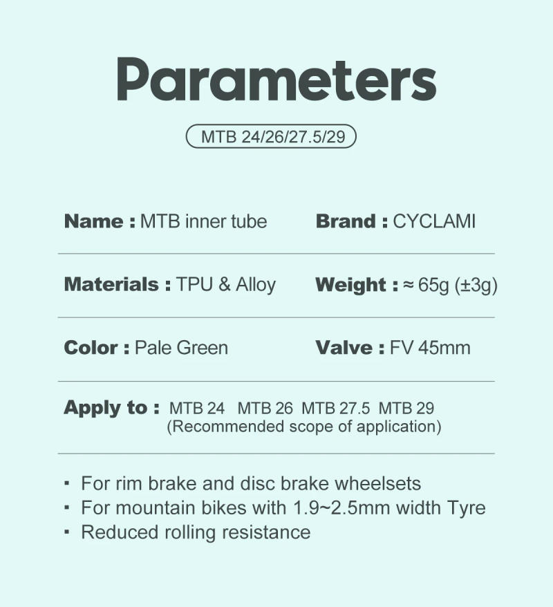 Description Picture 4 of itemCYCLAMI Ultralight Bike Inner Tube 26 27.5 29 Inches MTB Bicycle TPU Material Tire 45mm French Valve Super Light Anti-Oxidation