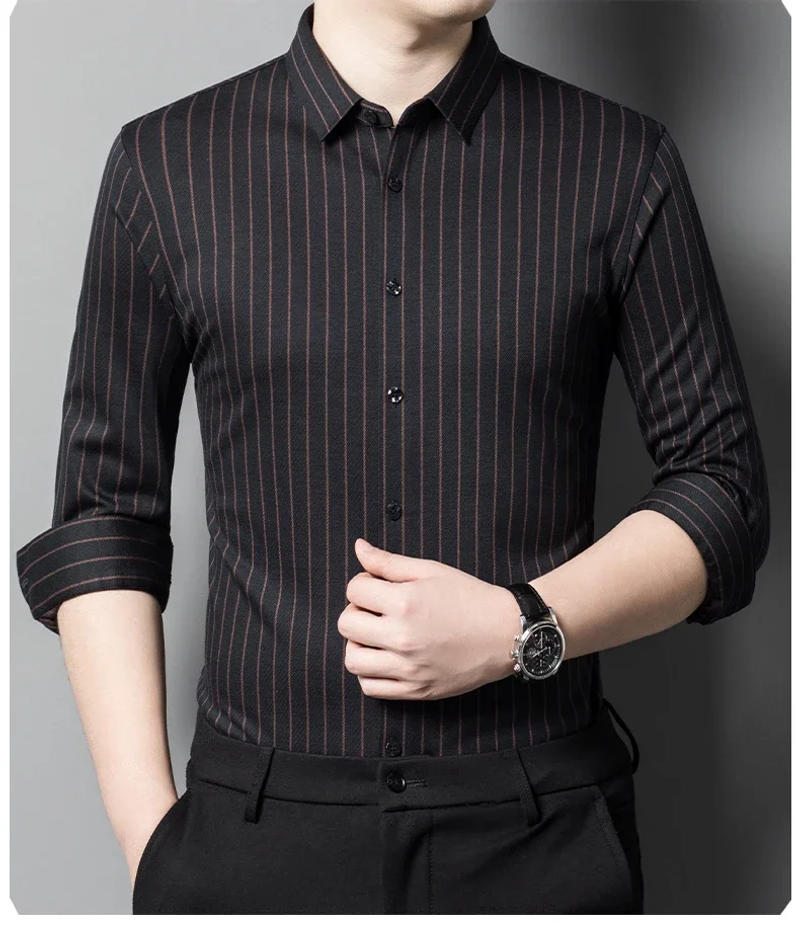 Description Picture 6 of itemSeamless Wool Spring Autumn Men's Dress Shirts Luxury Striped Long Sleeve Business Casual Single Breasted Male Shirts 4XL