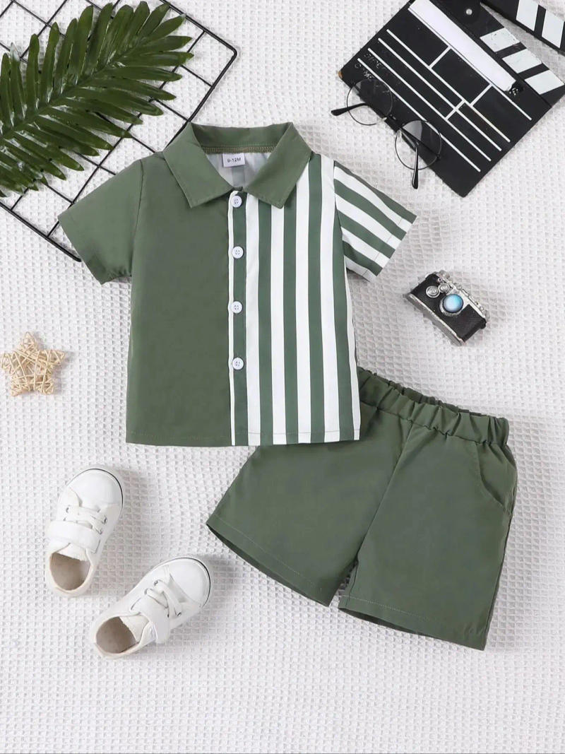 Description Picture 2 of item2-piece set of fashionable and casual solid color splicing short sleeved shirt top and shorts for baby boys, summer