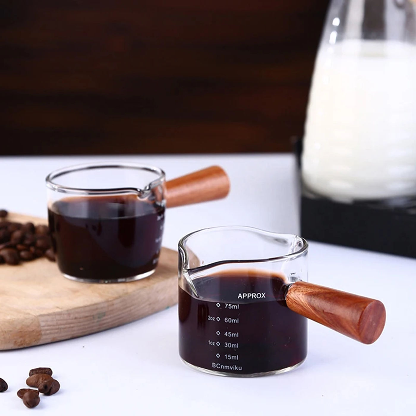 Description Picture 4 of item70/75ml Espresso Shot Glass Double Spout Measuring Cup Heat-Resistant Handle Clear Scale Wine Milk Coffee Measure Jug