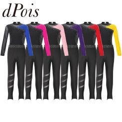 Kids Girls Gymnastics Bodysuit Shiny Yoga Workout Leotard with Leggings Children's Ballet Dance Outfit Figure Skating Costume
