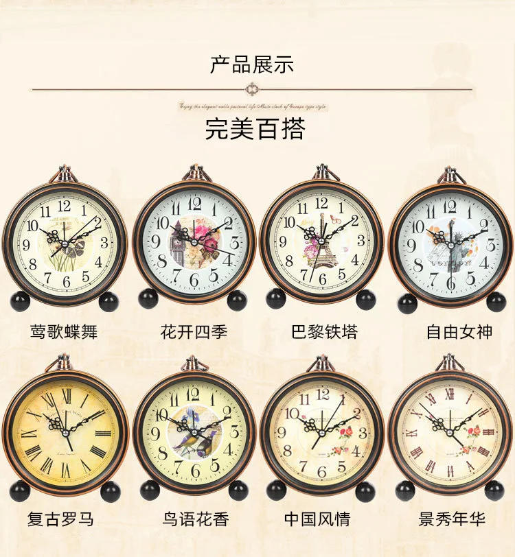 Description Picture 5 of itemVintage Hangable Battery Alarm Clock Metal Night Light Super Silent Table Desk Quartz Clock Time For Bedroom Bedside Desk Shelf