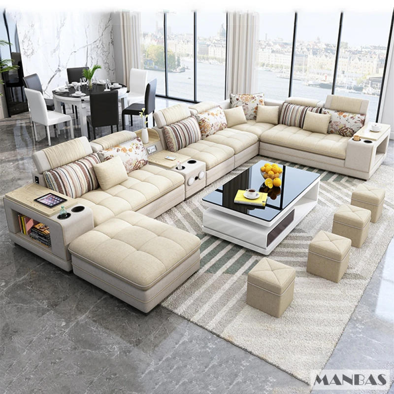 Description Picture 5 of itemMANBAS Modern Fabric Sofa Set with Bluetooth Speaker Sound System - Living Room Sofas Big U Shape Corner Cloth Couch with Stools