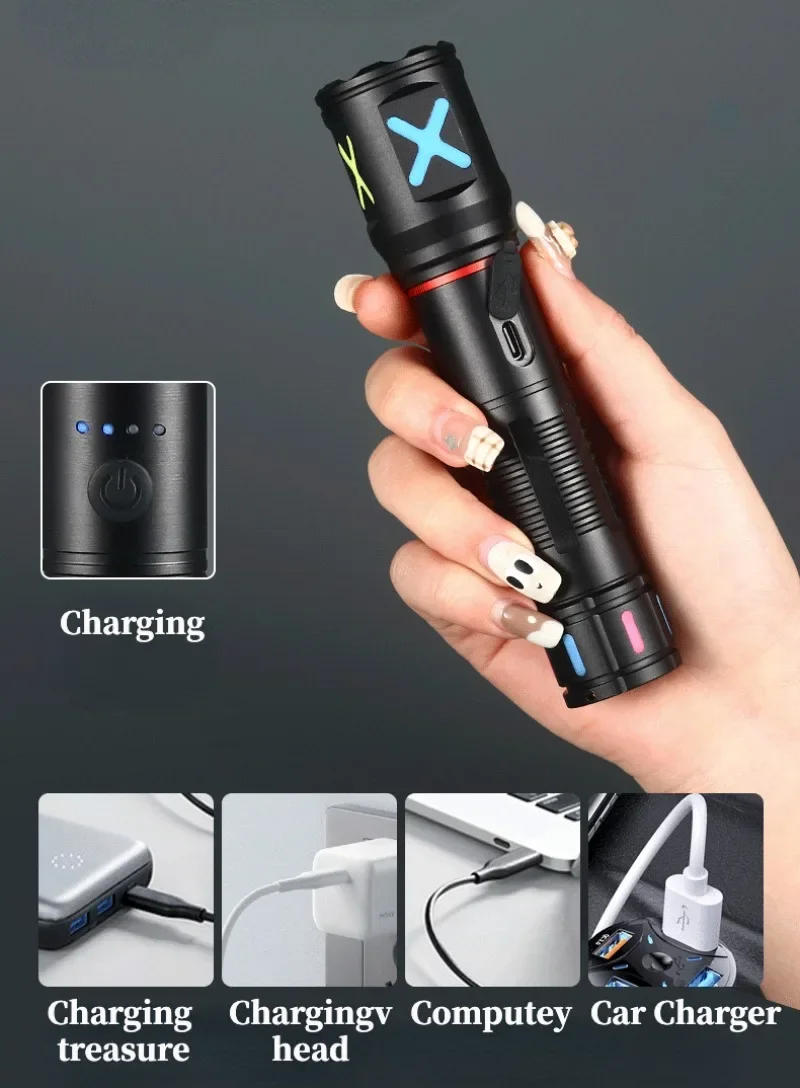 Description Picture 4 of itemStrong Power White Laser Led Flashlights Tactical Emergency Spotlights Telescopic Zoom Type C Rechargeable Camping Torch