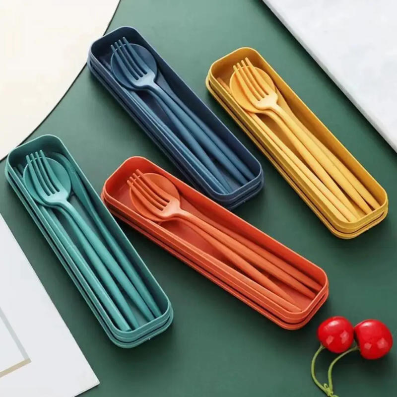 Description Picture 2 of item[Hot Sales] 4-Piece Portable Utensils, Healthy Eco-Friendly Wheat Straw Cutlery, Reusable Chopstick Fork Knife Spoon Set