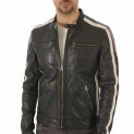 Men's Lambskin Real Leather Jacket Biker Fashion White & Red Strip Jacket European and American Fashion Trends