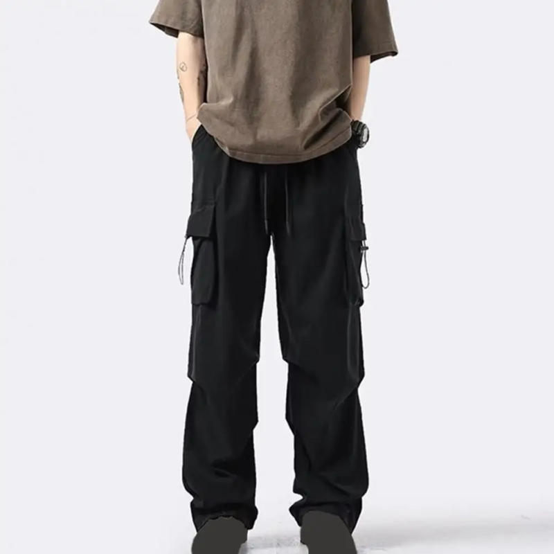 Description Picture 5 of itemWide Leg Sweatpants Men's Multi-pocket Cargo Pants with Drawstring Detail Elastic Waist Streetwear Style Solid Color for Outdoor