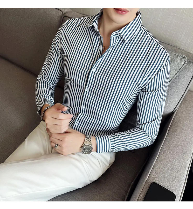 Description Picture 3 of itemMen Dress Shirt Formal Classic Striped Long Sleeve Shirt Men's Slim Fit Business Non Iron Shirts Korean Style Casual Blouse 4XL