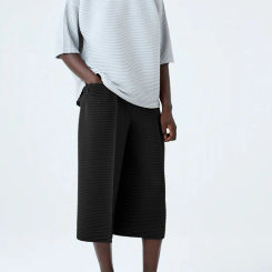 Miyake Fold Summer New Men's Pants Horizontal Grain Arc Solid Color Seven Points Wide Leg Pants