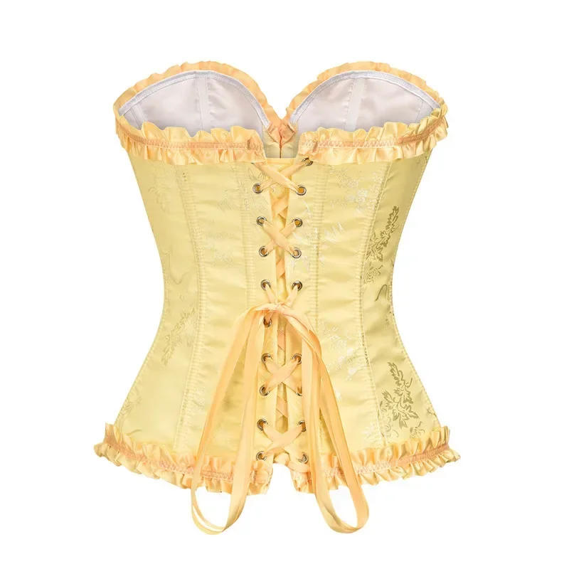 Description Picture 4 of itemFemme Orange Jacquard Ruffles Trim Sexy Overbust Corset For Women Plus Size Gothic Clothes Slim Waist Body Shaper Bustier XS-2XL