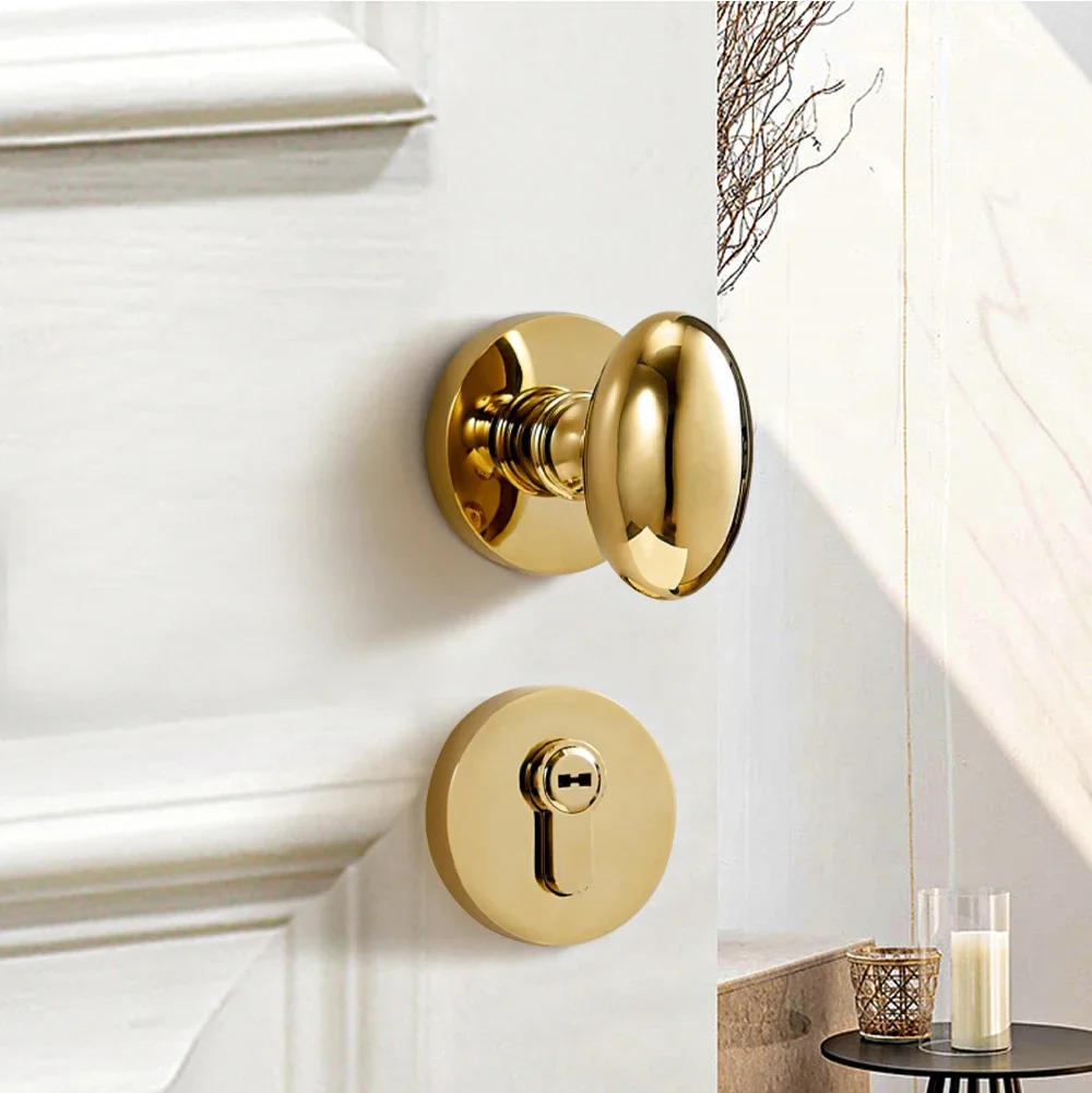 Description Picture 4 of itemDOOROOM Brass Door Lock Set Bright Gold Oval Originality Bedroom Room Door Handle Solid Brass Lock Modern Hardware Fechadura