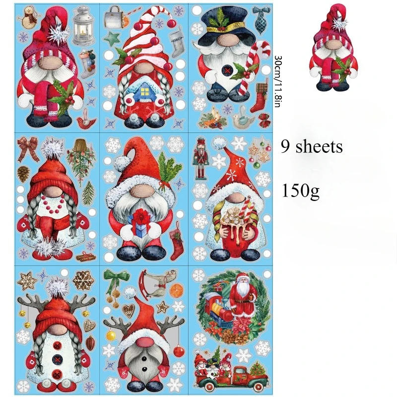 Description Picture 2 of item9 Sheets Christmas Window Mirror Stickers Clings for Glass Window Christmas Window Decals Xmas Santa Mirror Tile Toilet Stickers