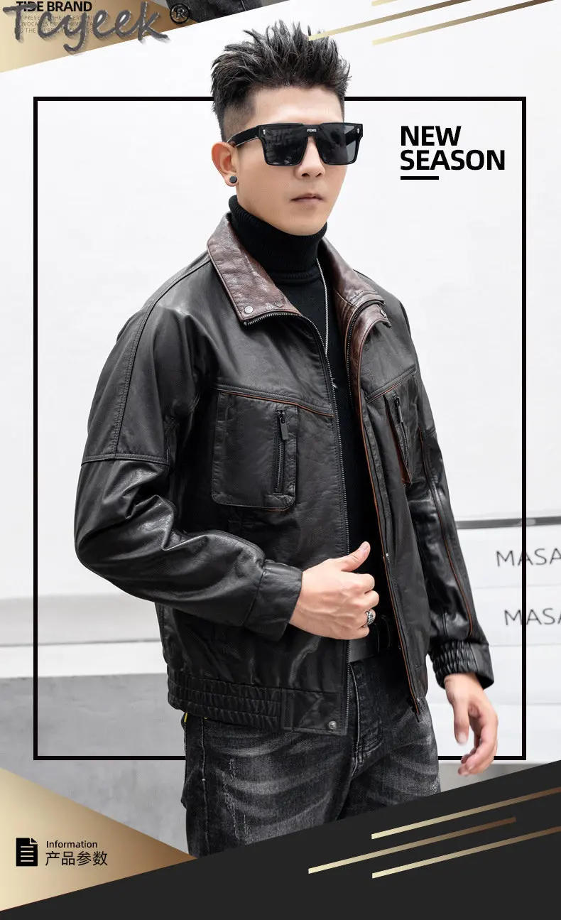 Description Picture 4 of itemTcyeek Motorcycle Genuine Leather Jacket Men Clothes Spring Fall Men's Top Layer Oil Wax Cowhide Coat Loose Hunting Suit Trendy