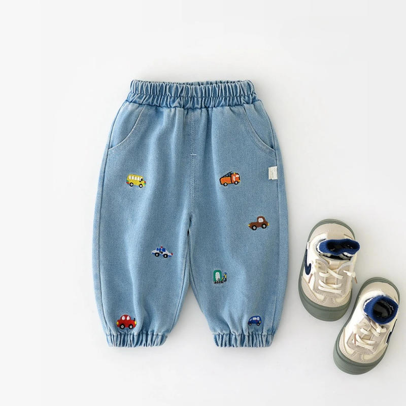 Description Picture 3 of item2025 Autumn New Baby Pants Cartoon Car Embroidery Girls Jean Pants Cute Boys Denim Trousers 9M -3T Children Elastic Waist Jeans