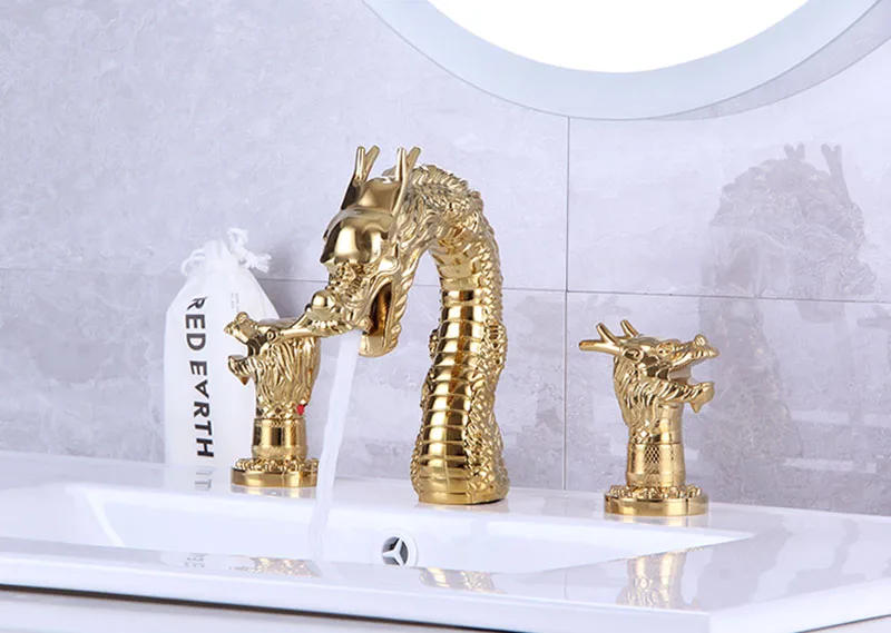 Description Picture 4 of itemDragon Basin Faucets Bathroom Sink Faucet Gold Brass 3 Holes Double Handle Bathbasin Bathtub Tap Hot And Cold Mixer Water Faucet