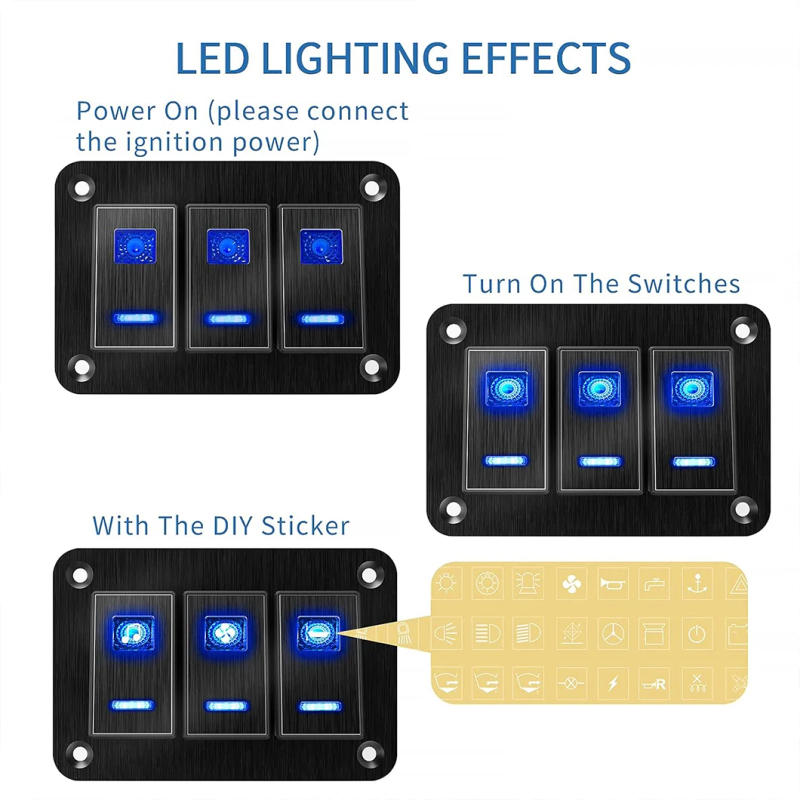 Description Picture 6 of itemABILKEEN Dual LED Light 3 Gang ON-OFF Rocker switch Modification Panel DC12V-24V Waterproof Toggle Switch panel for Car RV Truck