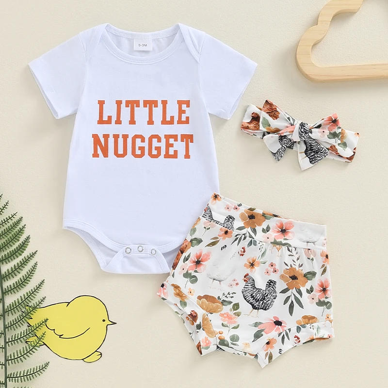 Description Picture 2 of itemBaby Girls Shorts Set Short Sleeve Letters Romper Chicken Print Shorts with Hairband Summer Outfit
